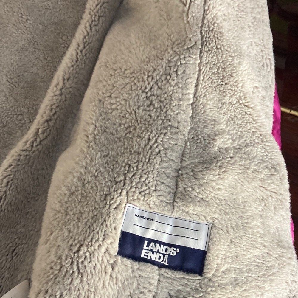 Lands' End Kids Plush Puffer Jacket in Light Gray with Pink Accent
